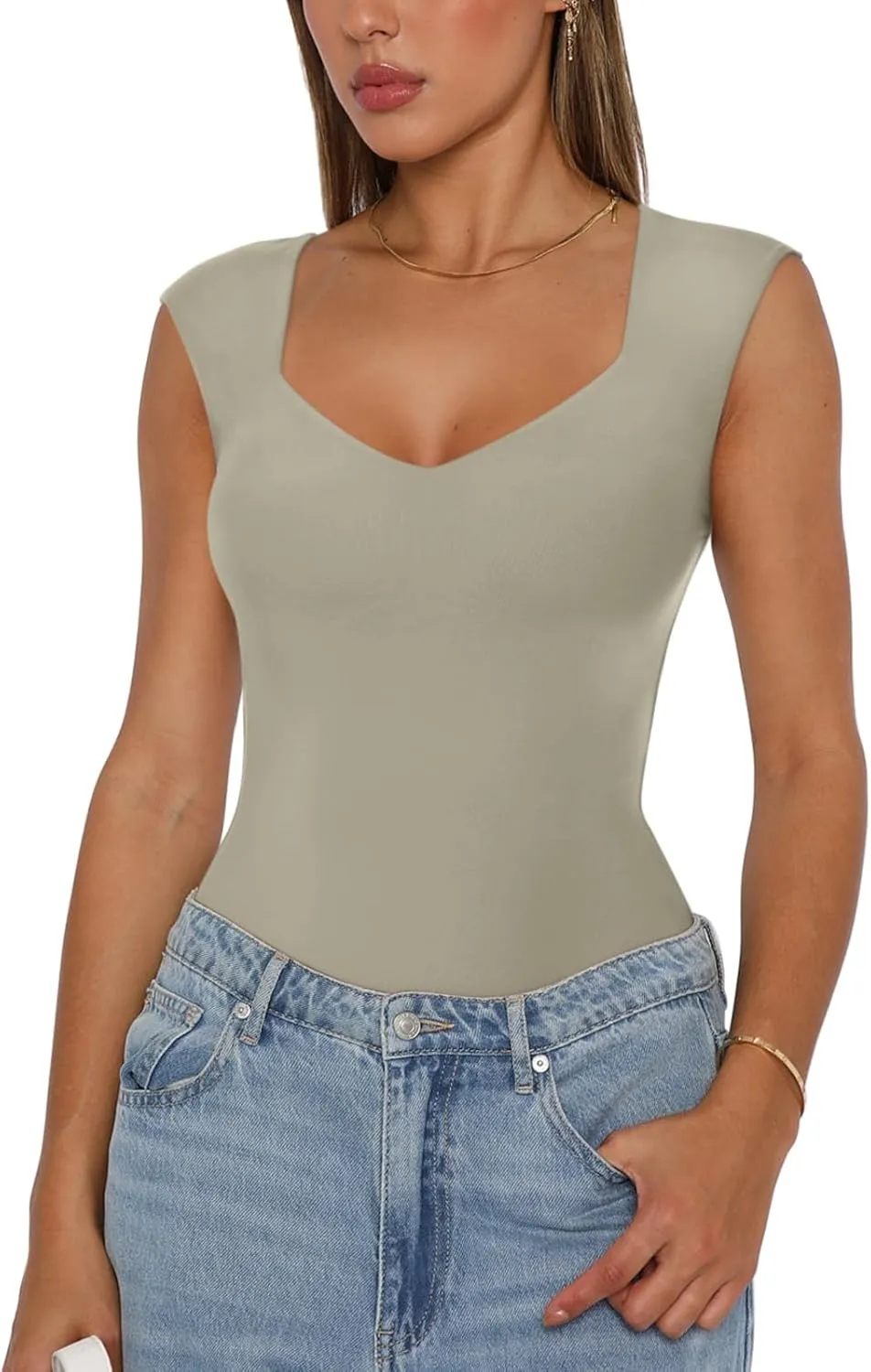 REORIA Butsmooth Women's Trendy Sexy Casual V Neck Double Lined Sleeveless Slimming Going Out Tank Top Bodysuits