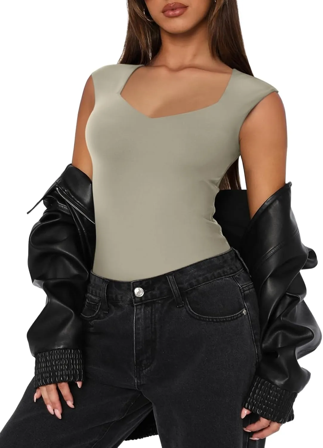 REORIA Butsmooth Women's Trendy Sexy Casual V Neck Double Lined Sleeveless Slimming Going Out Tank Top Bodysuits