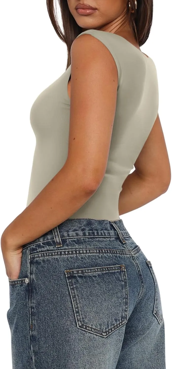 REORIA Butsmooth Women's Trendy Sexy Casual V Neck Double Lined Sleeveless Slimming Going Out Tank Top Bodysuits