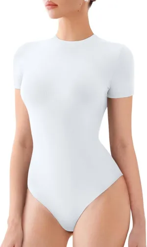 REORIA Womens Crew Neck Short Sleeve Thong Bodysuits Double Lined Comfy Slim T Shirt Tops