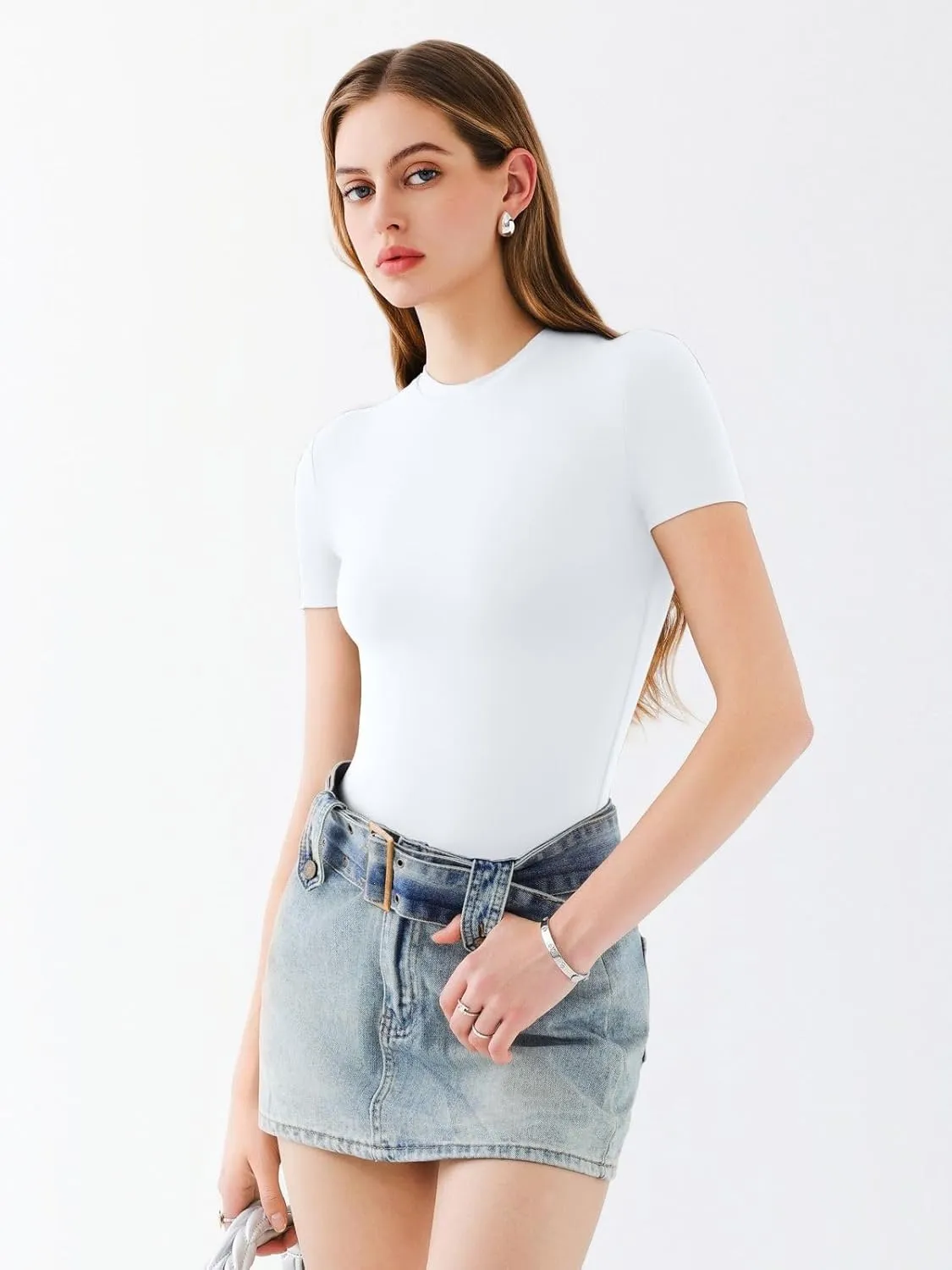 REORIA Womens Crew Neck Short Sleeve Thong Bodysuits Double Lined Comfy Slim T Shirt Tops