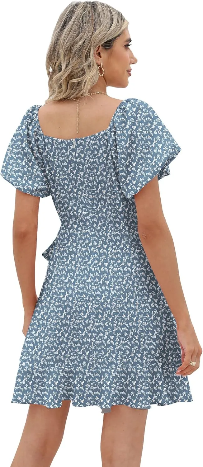 SAMPEEL Womens Summer Dresses Square Neck Puff Sleeve Tie Waist Short Dress