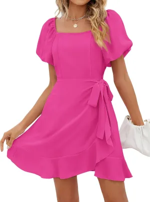 SAMPEEL Womens Summer Dresses Square Neck Puff Sleeve Tie Waist Short Dress