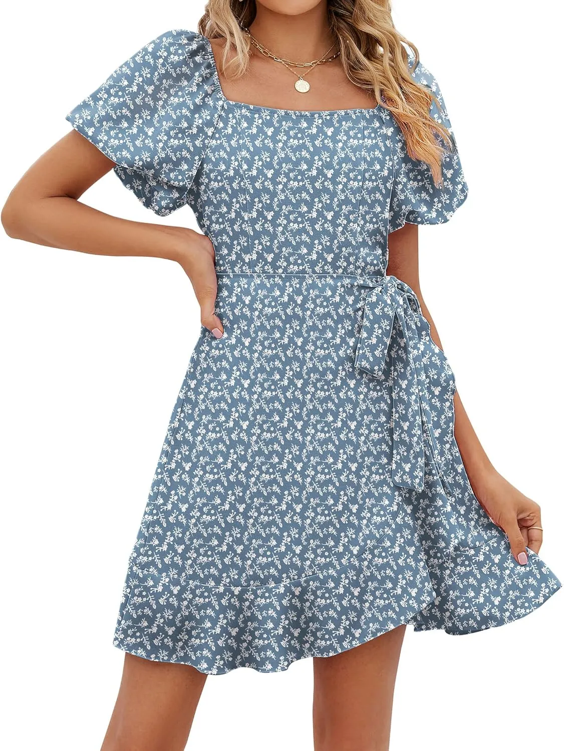 SAMPEEL Womens Summer Dresses Square Neck Puff Sleeve Tie Waist Short Dress