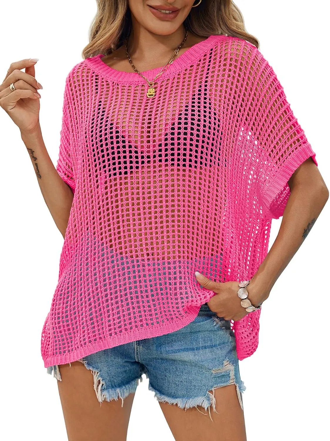 Saodimallsu Womens Crochet Sweater Tops Batwing Short Sleeve Oversized Boat Neck Boho Knit Summer Beach Cover Ups