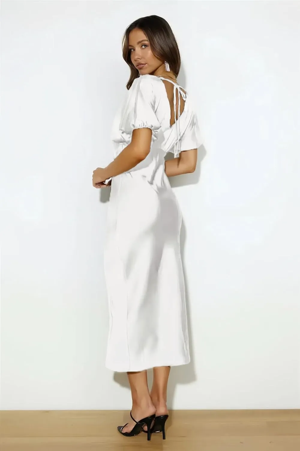 Satin V Neck Puffy Sleeves Silk Midi Dresses Empire Waist Elegant Tie Back Formal Cocktail Dress for Women Wedding Guest