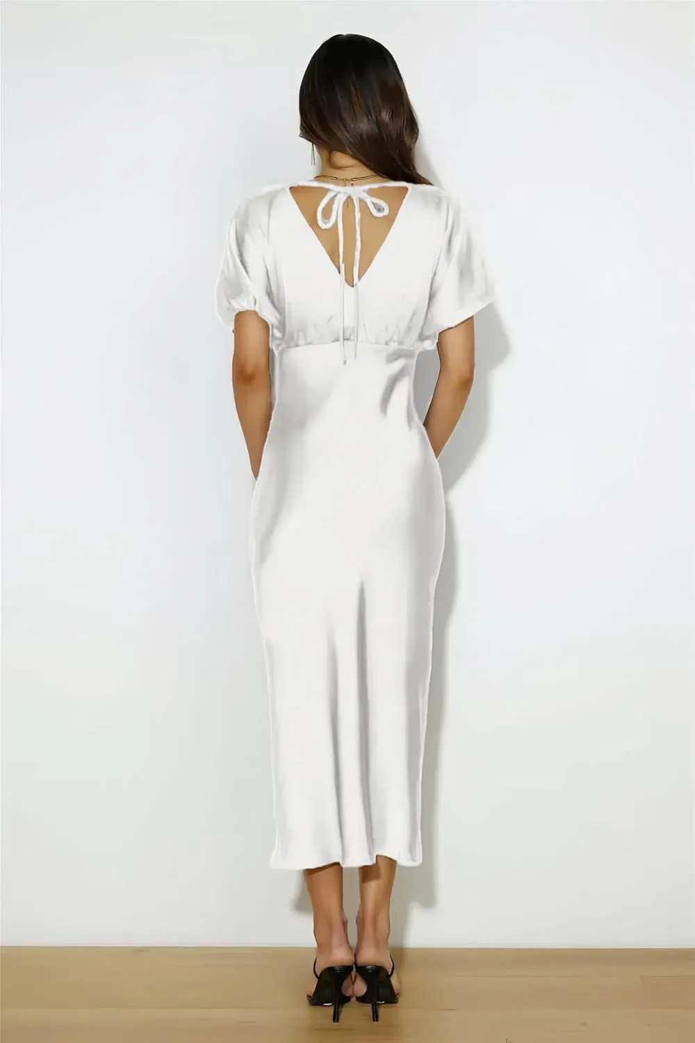 Satin V Neck Puffy Sleeves Silk Midi Dresses Empire Waist Elegant Tie Back Formal Cocktail Dress for Women Wedding Guest