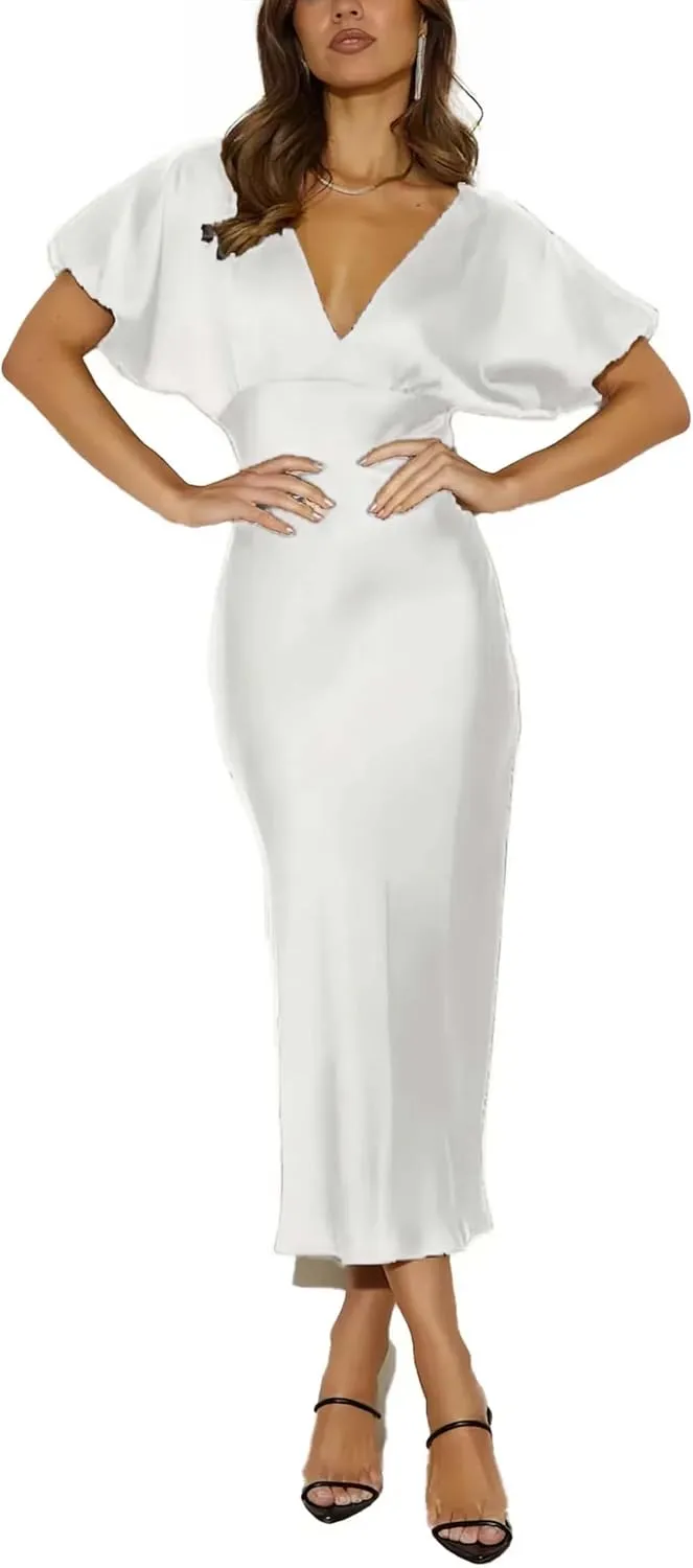 Satin V Neck Puffy Sleeves Silk Midi Dresses Empire Waist Elegant Tie Back Formal Cocktail Dress for Women Wedding Guest