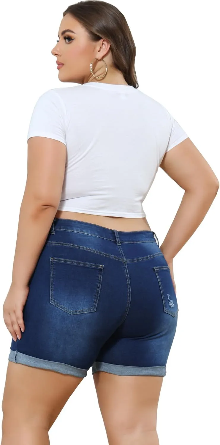 Sghenr Plus Size Women's Ripped Denim Jean Shorts High Waisted Stretchy Folded Hem Short Jeans