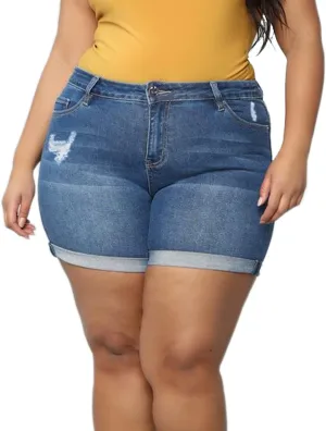 Sghenr Plus Size Women's Ripped Denim Jean Shorts High Waisted Stretchy Folded Hem Short Jeans