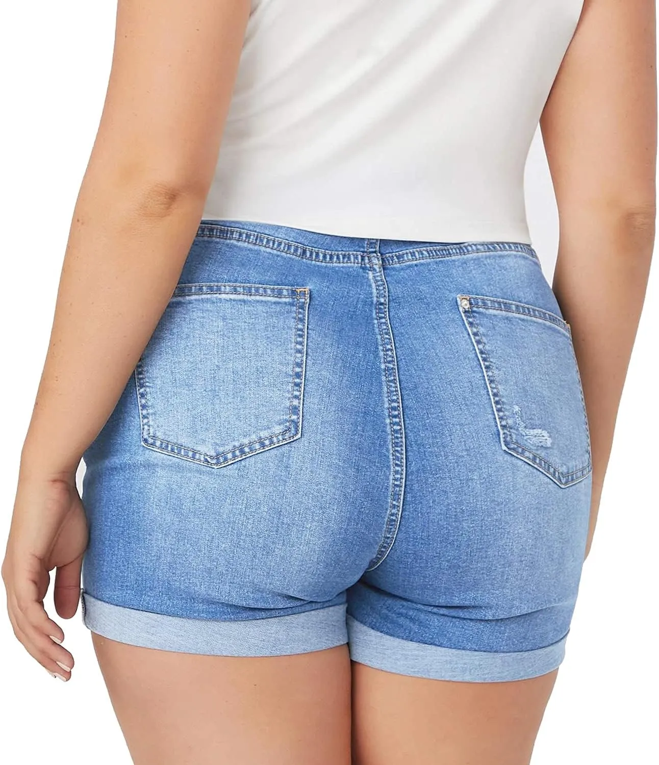 Sghenr Plus Size Women's Ripped Denim Jean Shorts High Waisted Stretchy Folded Hem Short Jeans