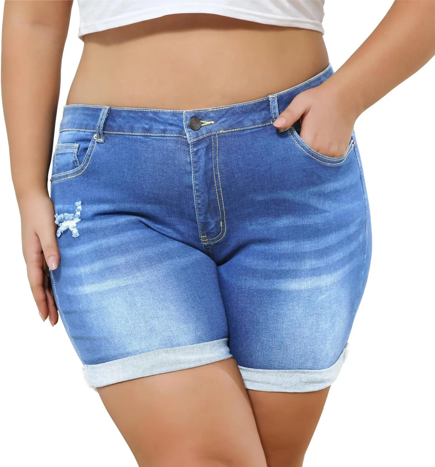 Sghenr Plus Size Women's Ripped Denim Jean Shorts High Waisted Stretchy Folded Hem Short Jeans