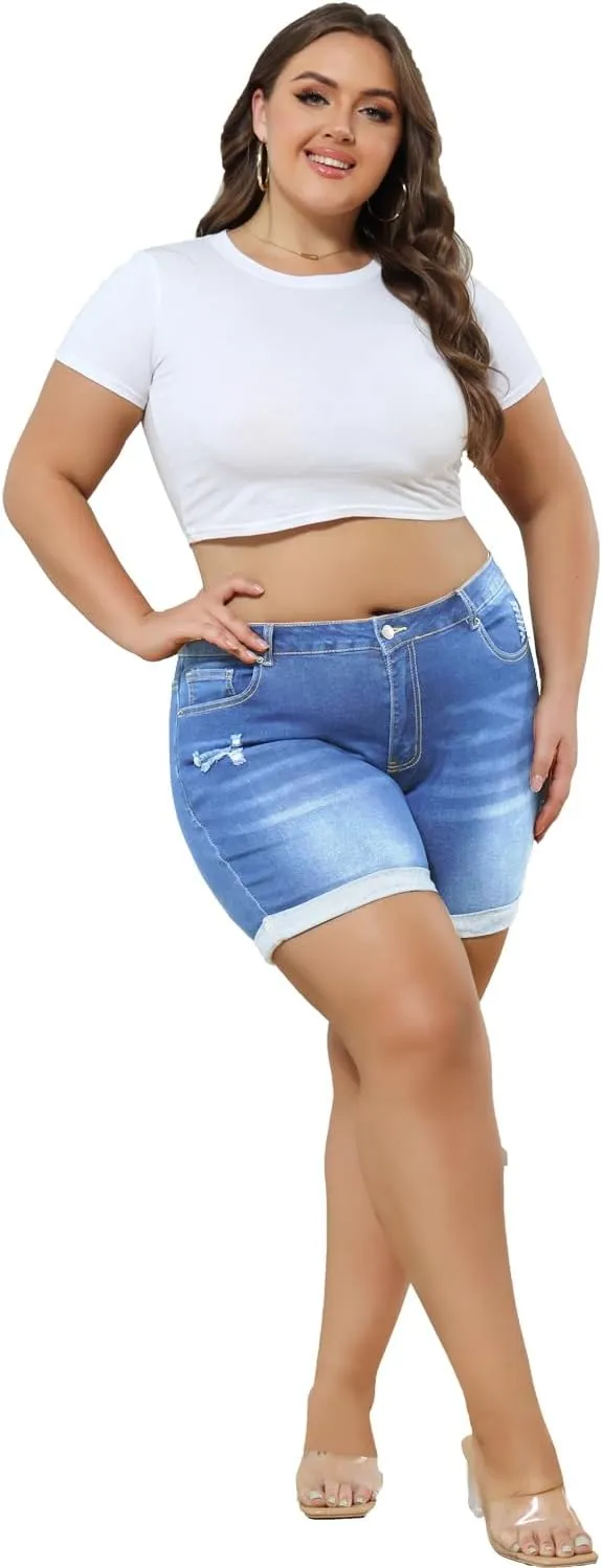 Sghenr Plus Size Women's Ripped Denim Jean Shorts High Waisted Stretchy Folded Hem Short Jeans