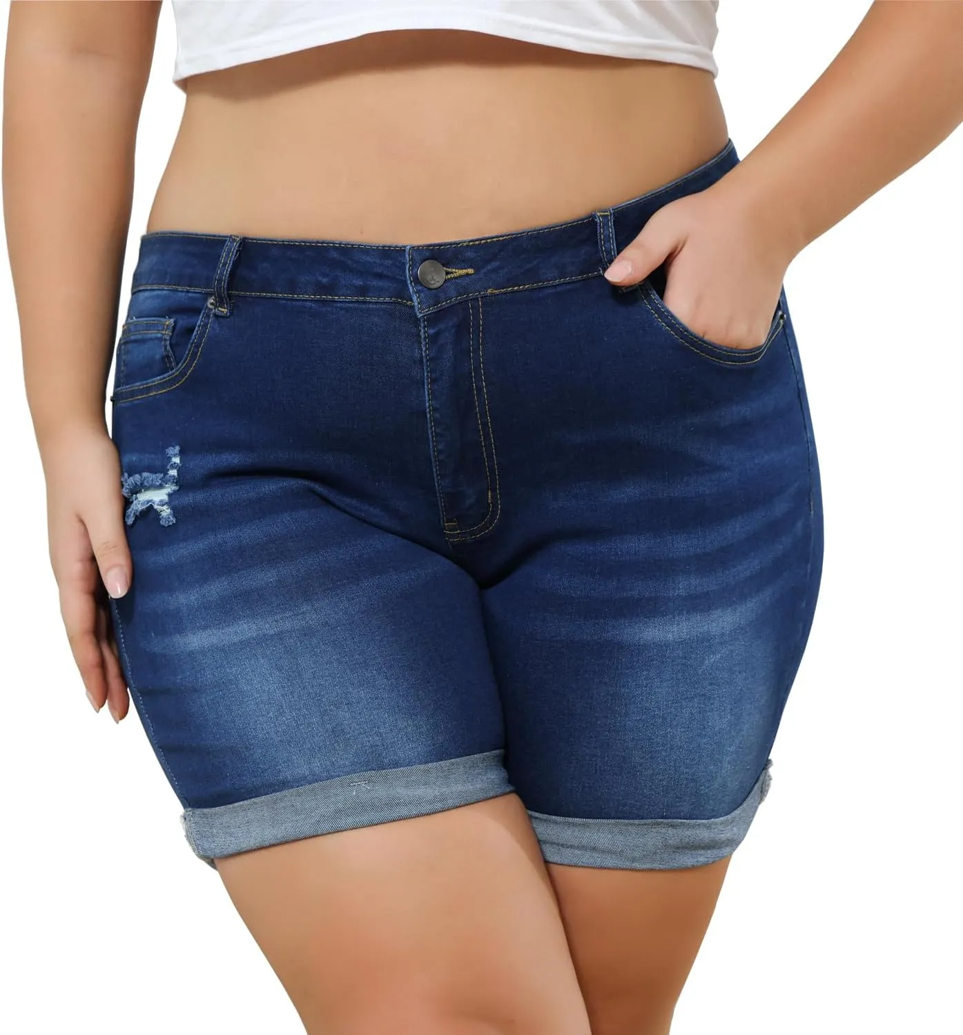 Sghenr Plus Size Women's Ripped Denim Jean Shorts High Waisted Stretchy Folded Hem Short Jeans
