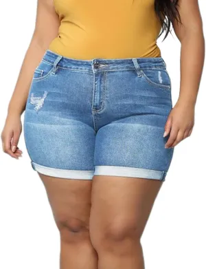 Sghenr Plus Size Women's Ripped Denim Jean Shorts High Waisted Stretchy Folded Hem Short Jeans