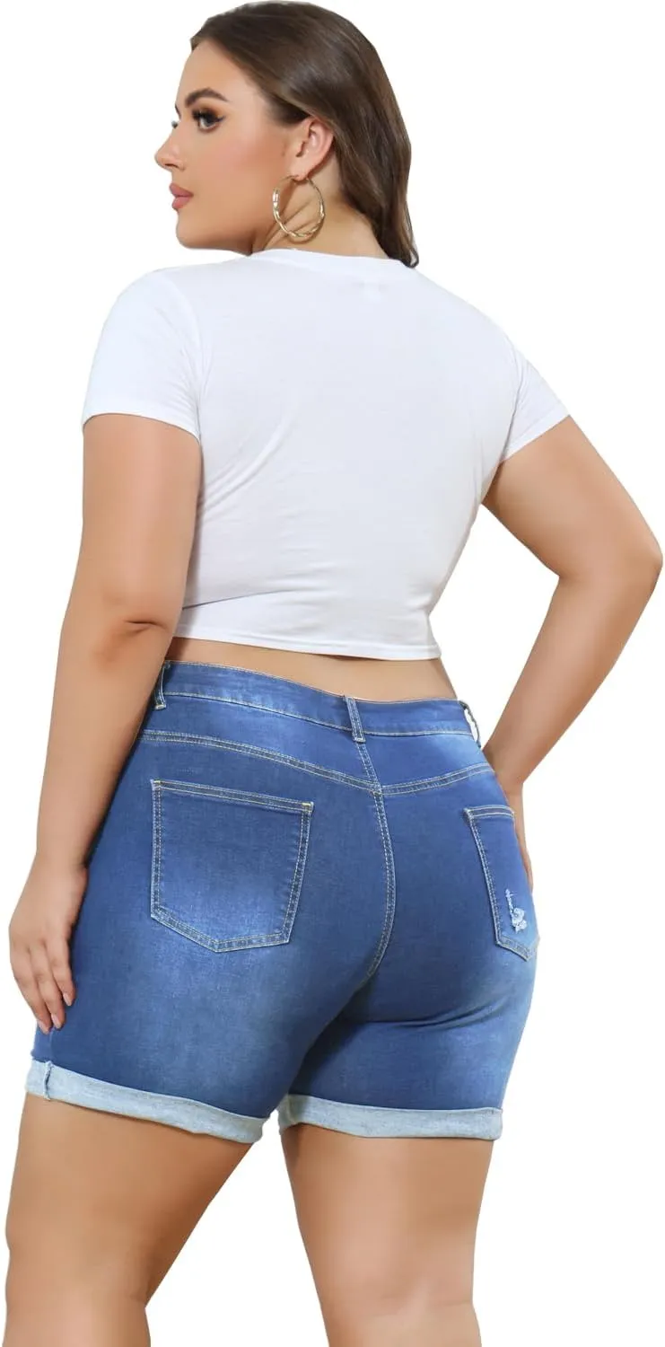 Sghenr Plus Size Women's Ripped Denim Jean Shorts High Waisted Stretchy Folded Hem Short Jeans