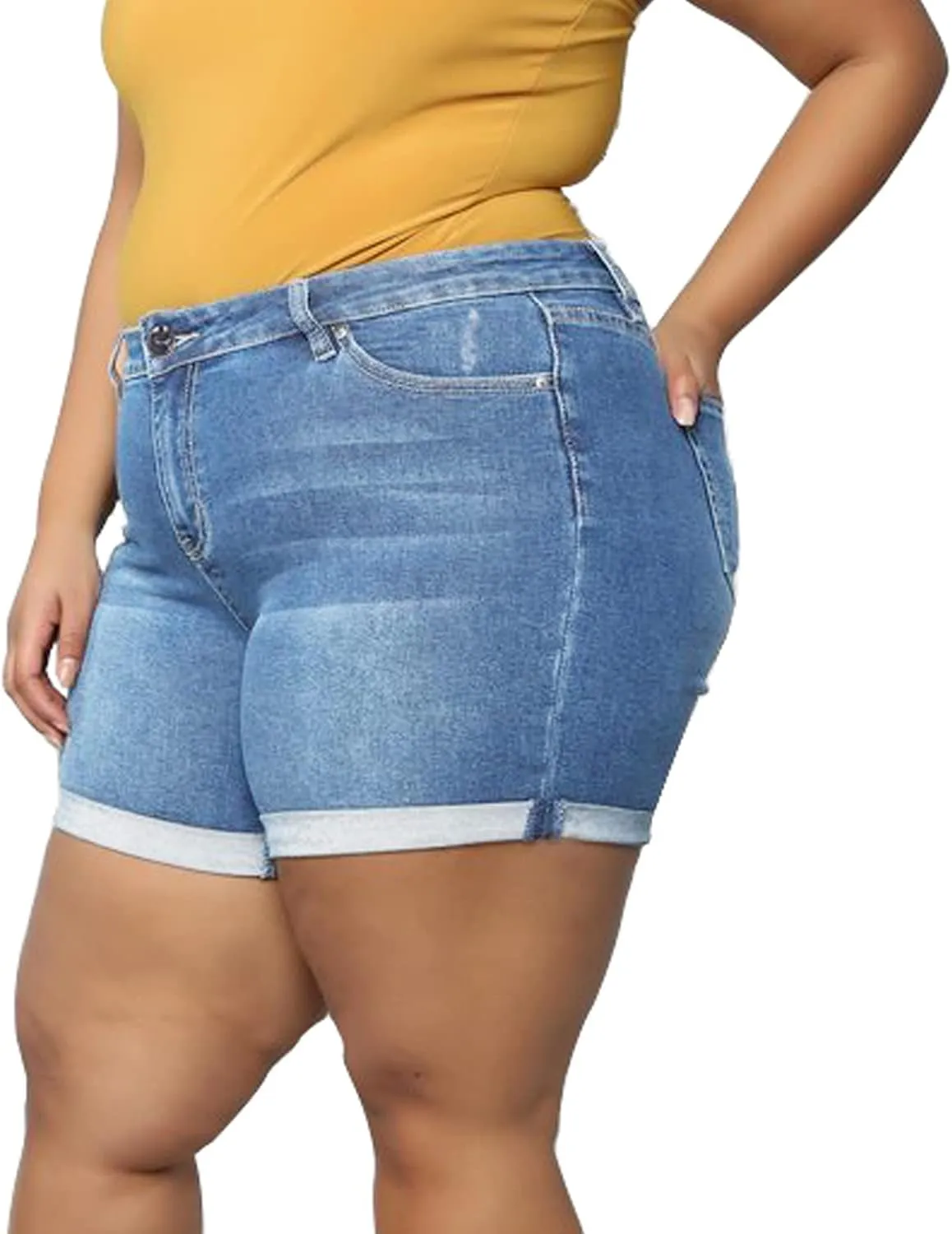 Sghenr Plus Size Women's Ripped Denim Jean Shorts High Waisted Stretchy Folded Hem Short Jeans