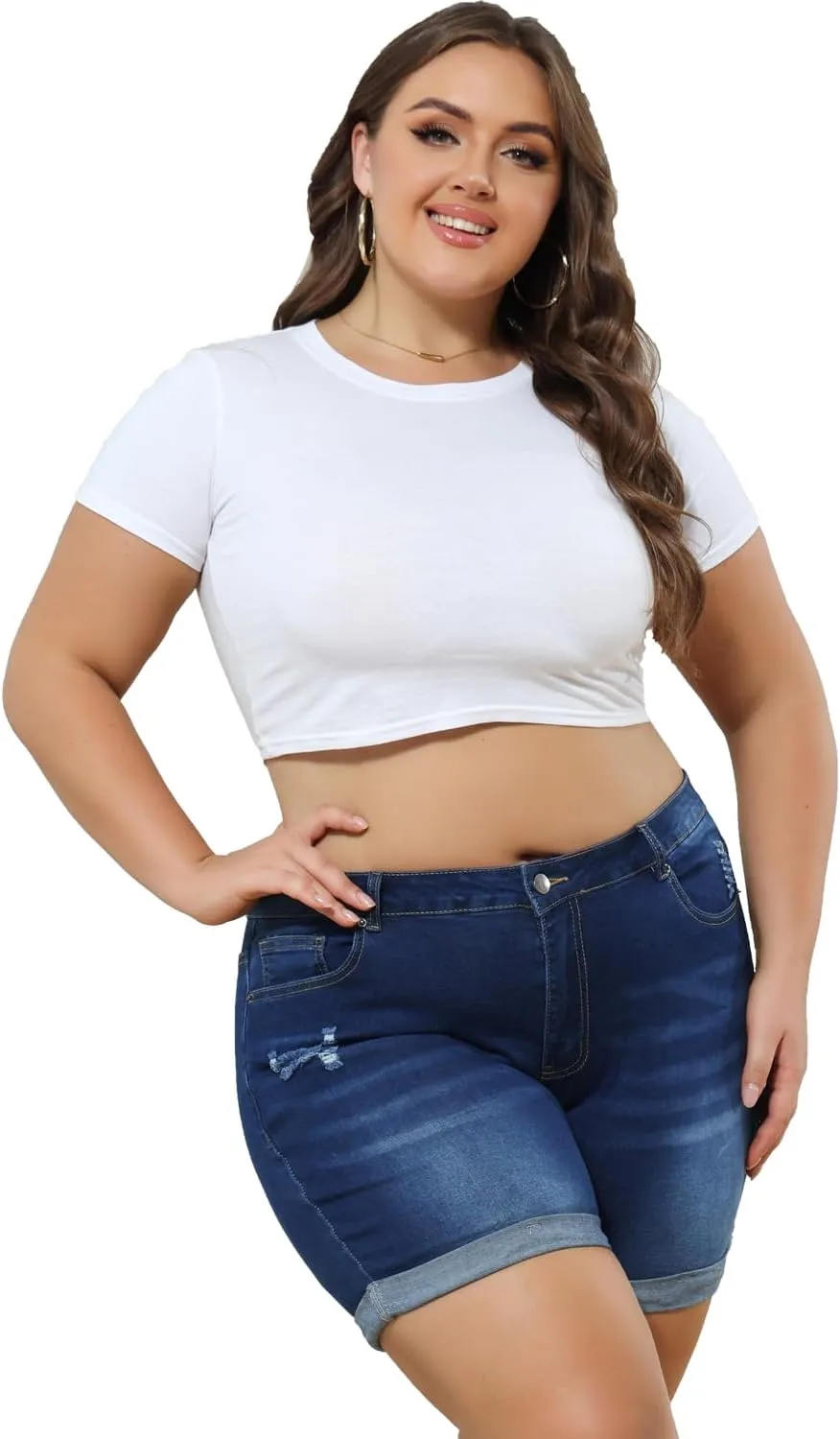 Sghenr Plus Size Women's Ripped Denim Jean Shorts High Waisted Stretchy Folded Hem Short Jeans