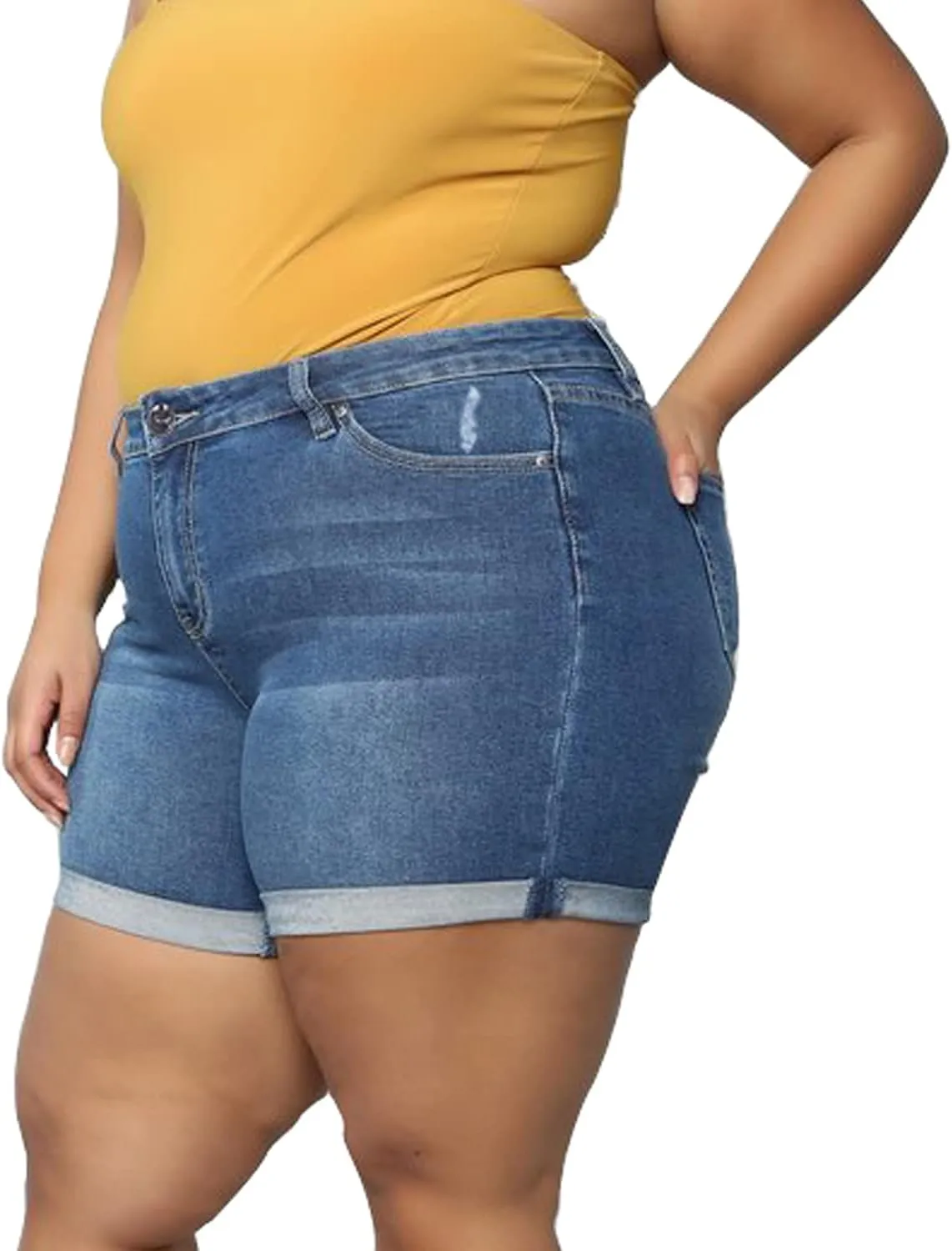 Sghenr Plus Size Women's Ripped Denim Jean Shorts High Waisted Stretchy Folded Hem Short Jeans