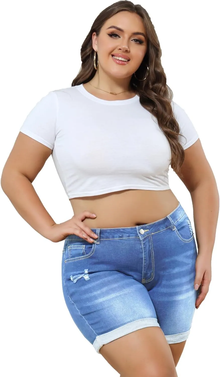 Sghenr Plus Size Women's Ripped Denim Jean Shorts High Waisted Stretchy Folded Hem Short Jeans