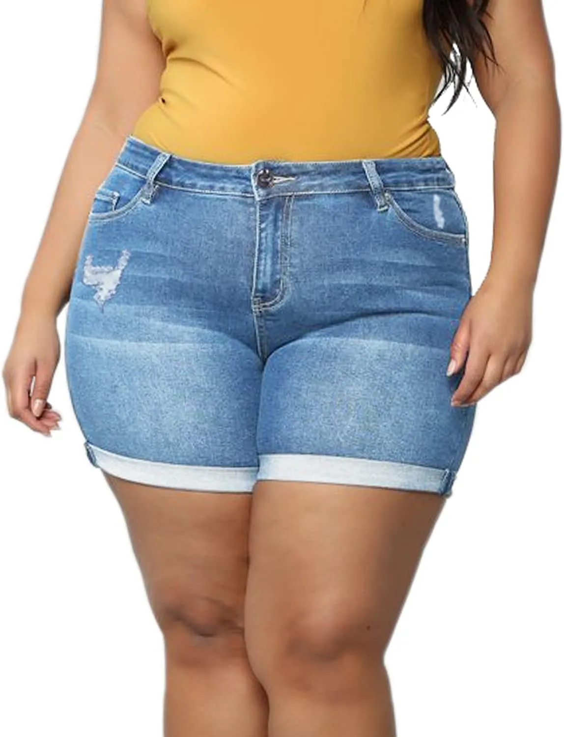 Sghenr Plus Size Women's Ripped Denim Jean Shorts High Waisted Stretchy Folded Hem Short Jeans