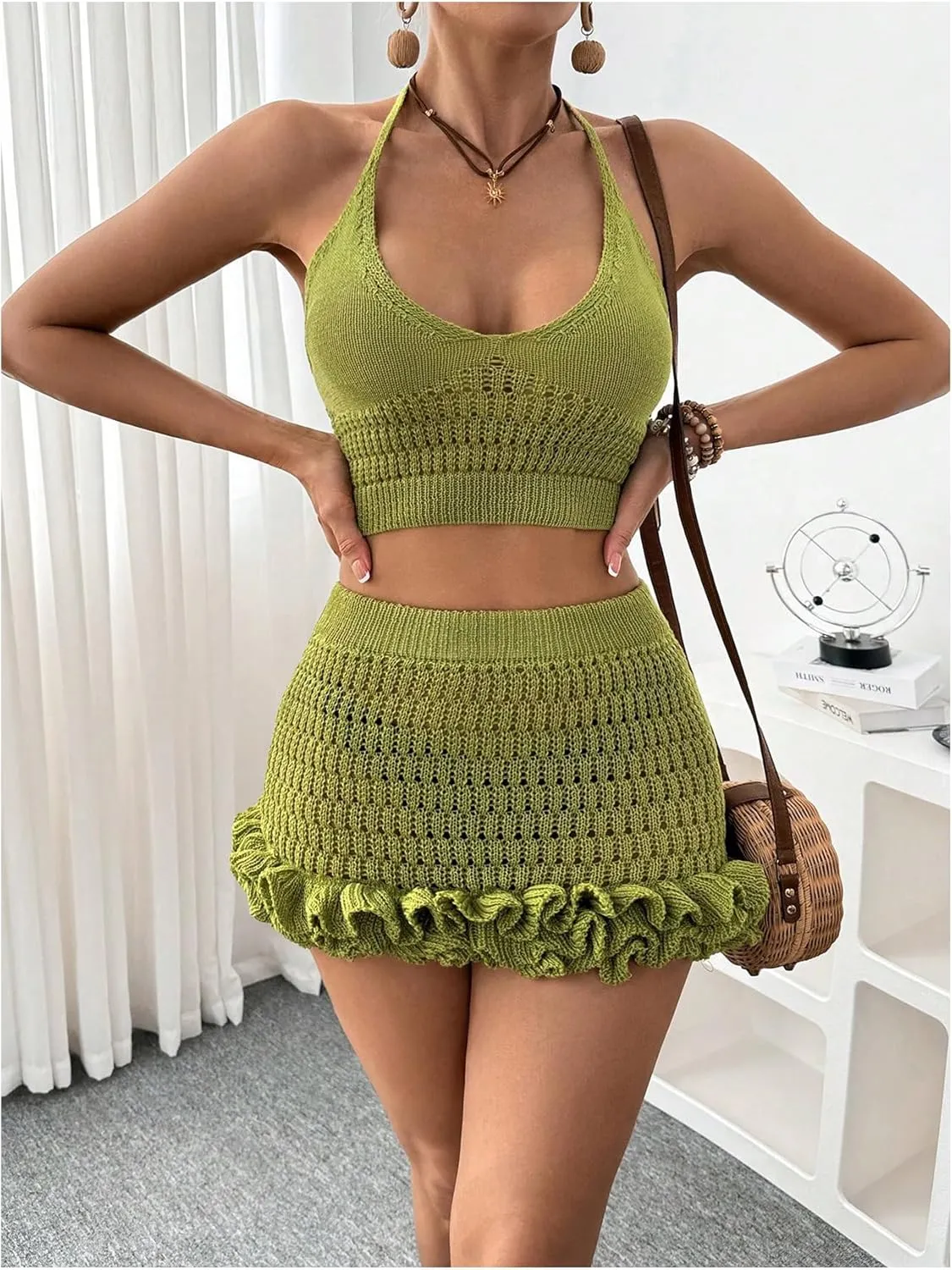 SHENHE Women's Swimsuit Cover Up Set 2 Piece Crochet Crop Halter Tops Ruffle Skirt Beach Outfits