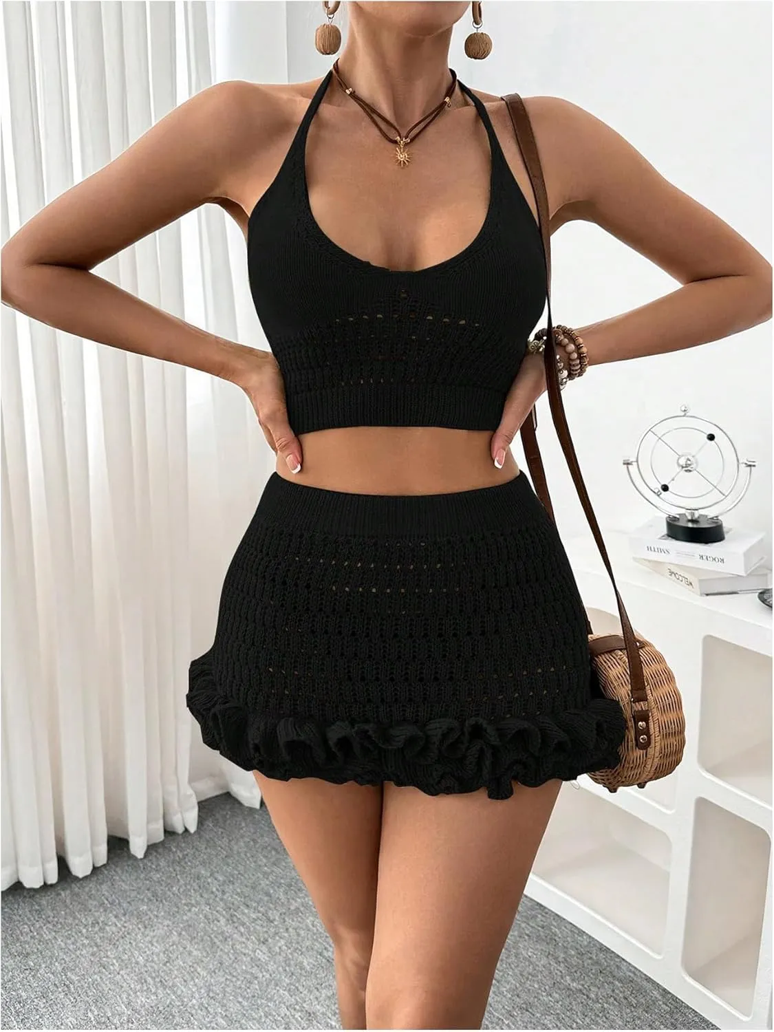 SHENHE Women's Swimsuit Cover Up Set 2 Piece Crochet Crop Halter Tops Ruffle Skirt Beach Outfits