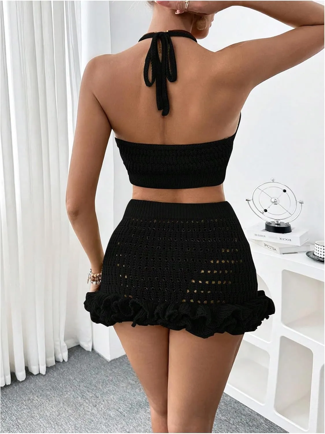 SHENHE Women's Swimsuit Cover Up Set 2 Piece Crochet Crop Halter Tops Ruffle Skirt Beach Outfits