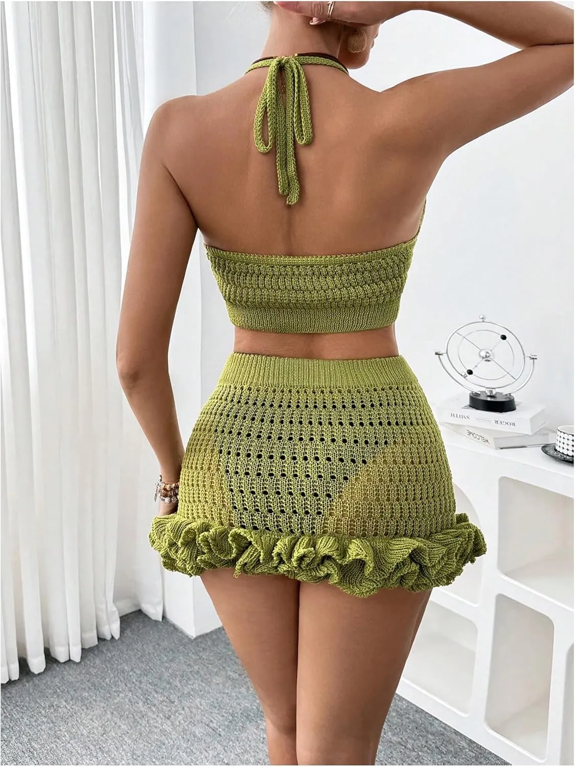 SHENHE Women's Swimsuit Cover Up Set 2 Piece Crochet Crop Halter Tops Ruffle Skirt Beach Outfits