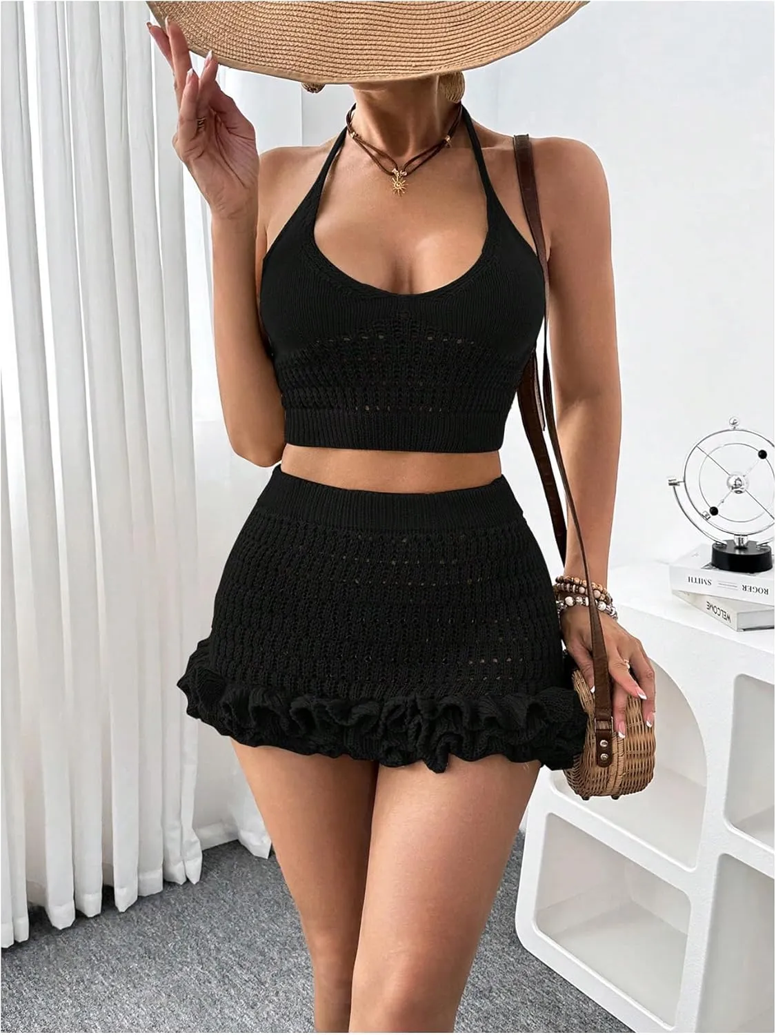 SHENHE Women's Swimsuit Cover Up Set 2 Piece Crochet Crop Halter Tops Ruffle Skirt Beach Outfits