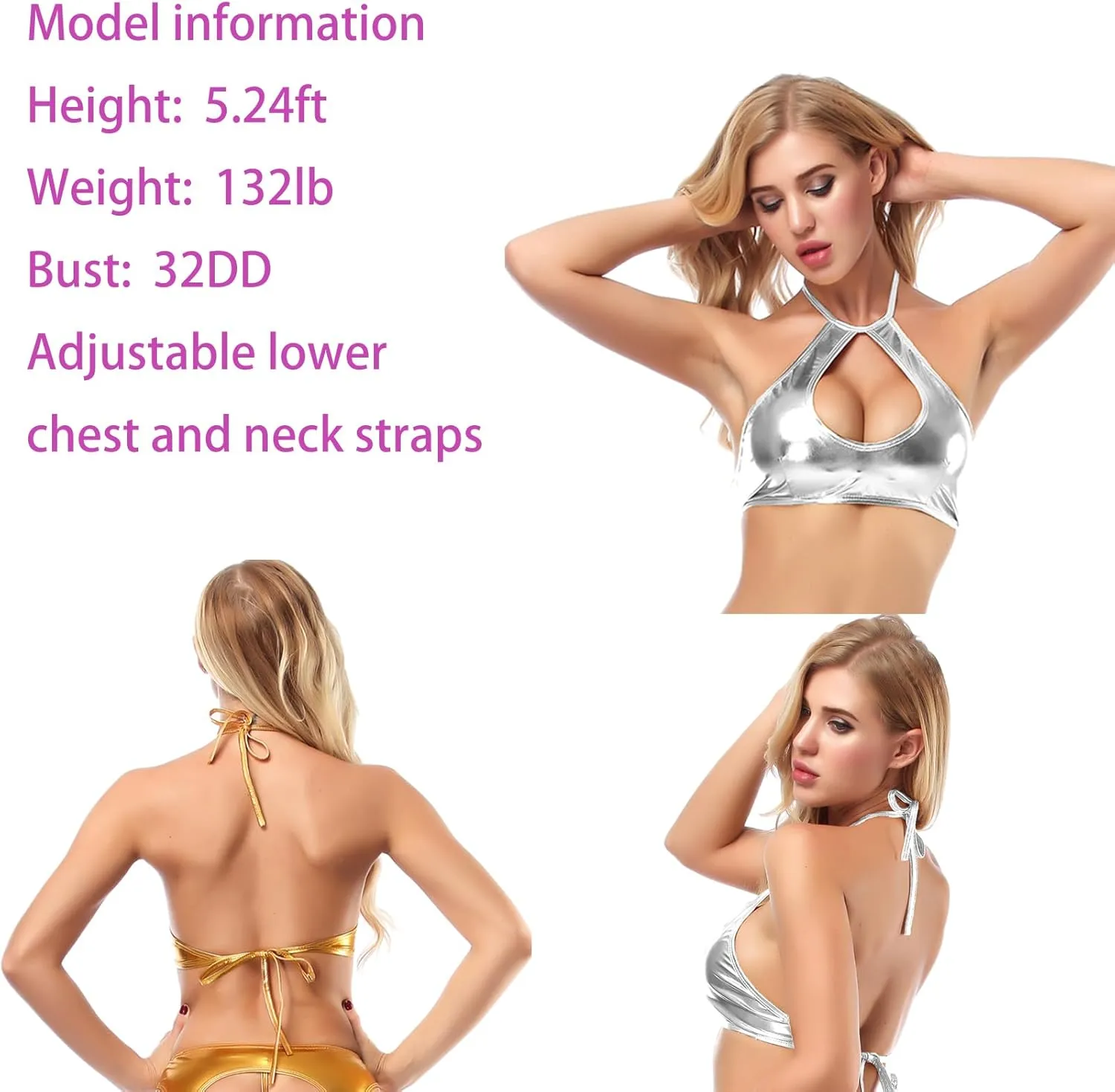 Shiny Metallic Rave Tops for Women Sexy Wet Look Leather Bra Halter Strap Outfit Crop Tops