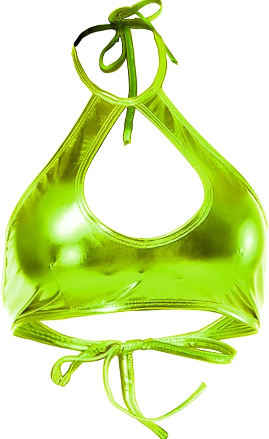 Shiny Metallic Rave Tops for Women Sexy Wet Look Leather Bra Halter Strap Outfit Crop Tops