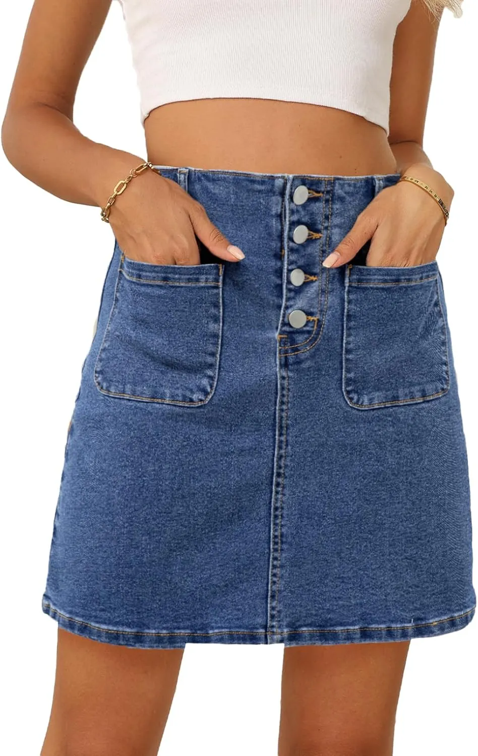 Sidefeel Women's Jean Skirt High Waist Summer Stretch Zimbaplatinum Denim Skirt Button Mini Skirt with Pockets