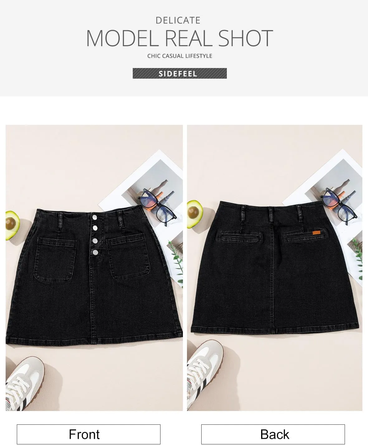 Sidefeel Women's Jean Skirt High Waist Summer Stretch Zimbaplatinum Denim Skirt Button Mini Skirt with Pockets