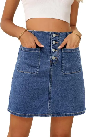 Sidefeel Women's Jean Skirt High Waist Summer Stretch Zimbaplatinum Denim Skirt Button Mini Skirt with Pockets