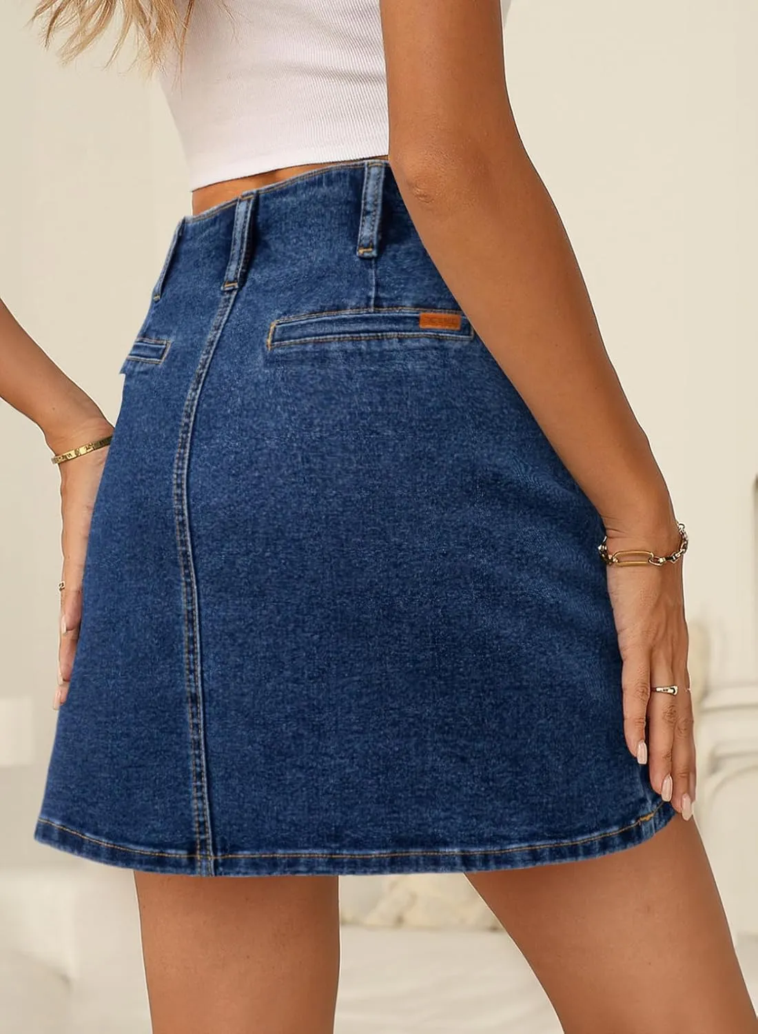 Sidefeel Women's Jean Skirt High Waist Summer Stretch Zimbaplatinum Denim Skirt Button Mini Skirt with Pockets