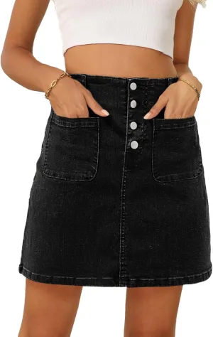 Sidefeel Women's Jean Skirt High Waist Summer Stretch Zimbaplatinum Denim Skirt Button Mini Skirt with Pockets