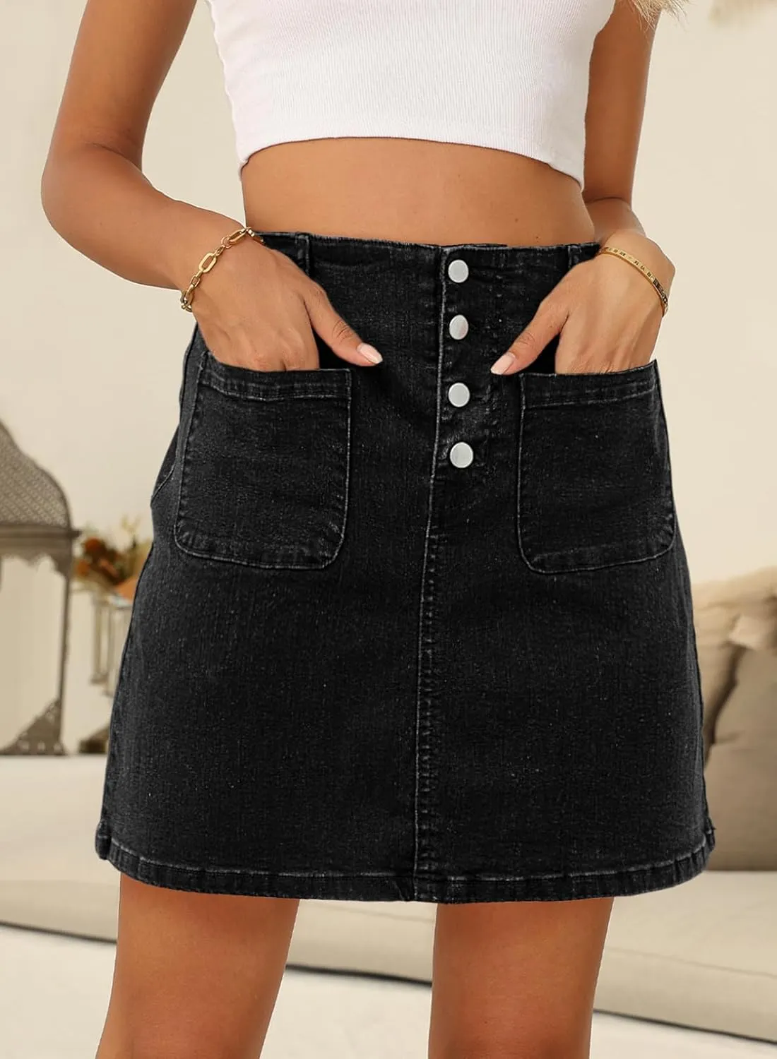 Sidefeel Women's Jean Skirt High Waist Summer Stretch Zimbaplatinum Denim Skirt Button Mini Skirt with Pockets