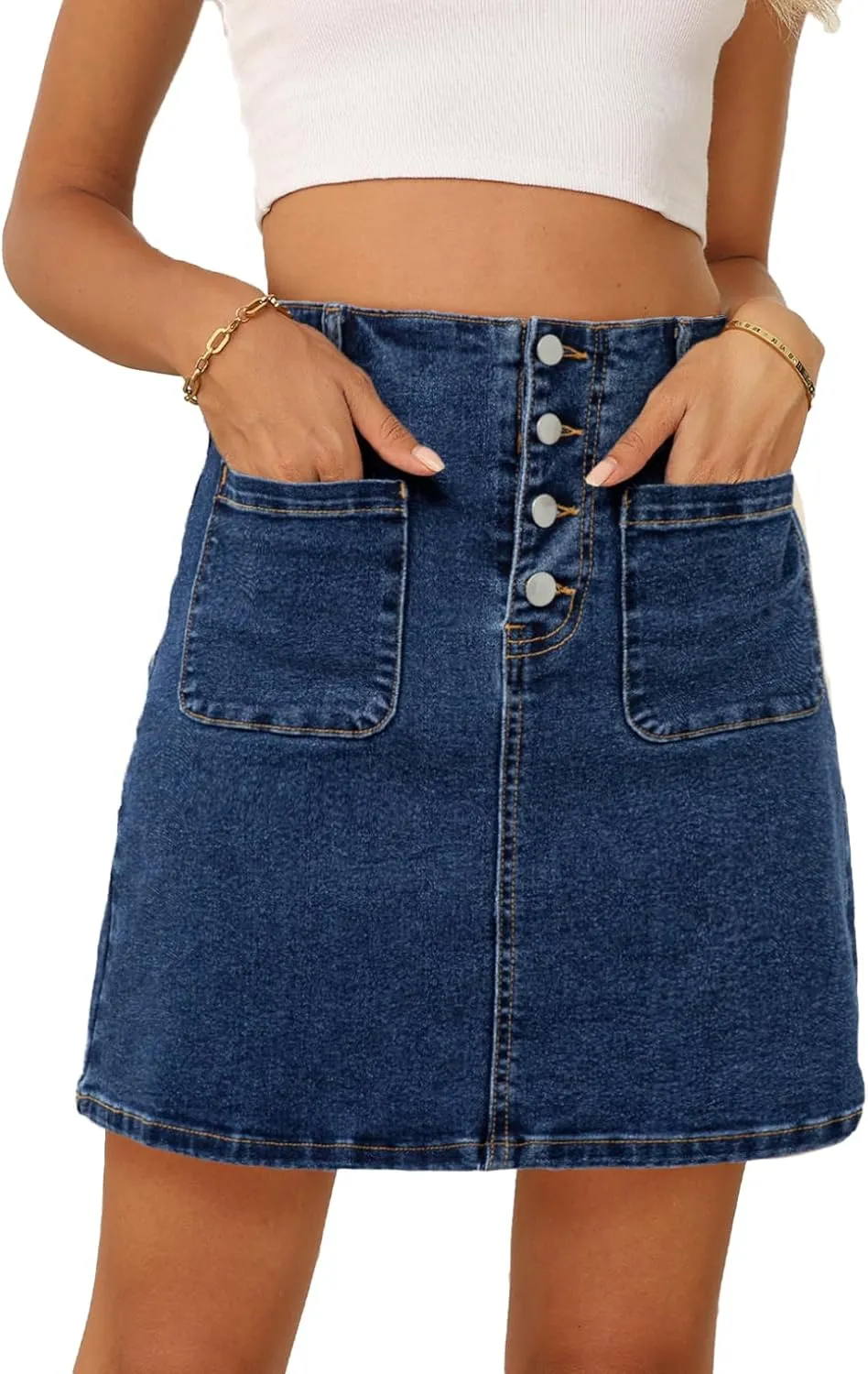 Sidefeel Women's Jean Skirt High Waist Summer Stretch Zimbaplatinum Denim Skirt Button Mini Skirt with Pockets
