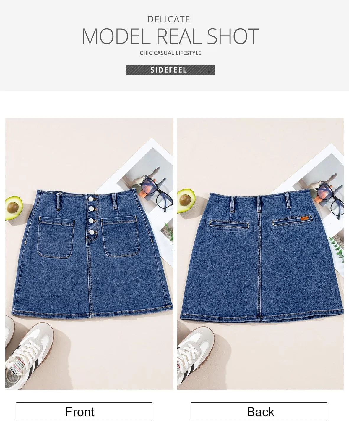 Sidefeel Women's Jean Skirt High Waist Summer Stretch Zimbaplatinum Denim Skirt Button Mini Skirt with Pockets