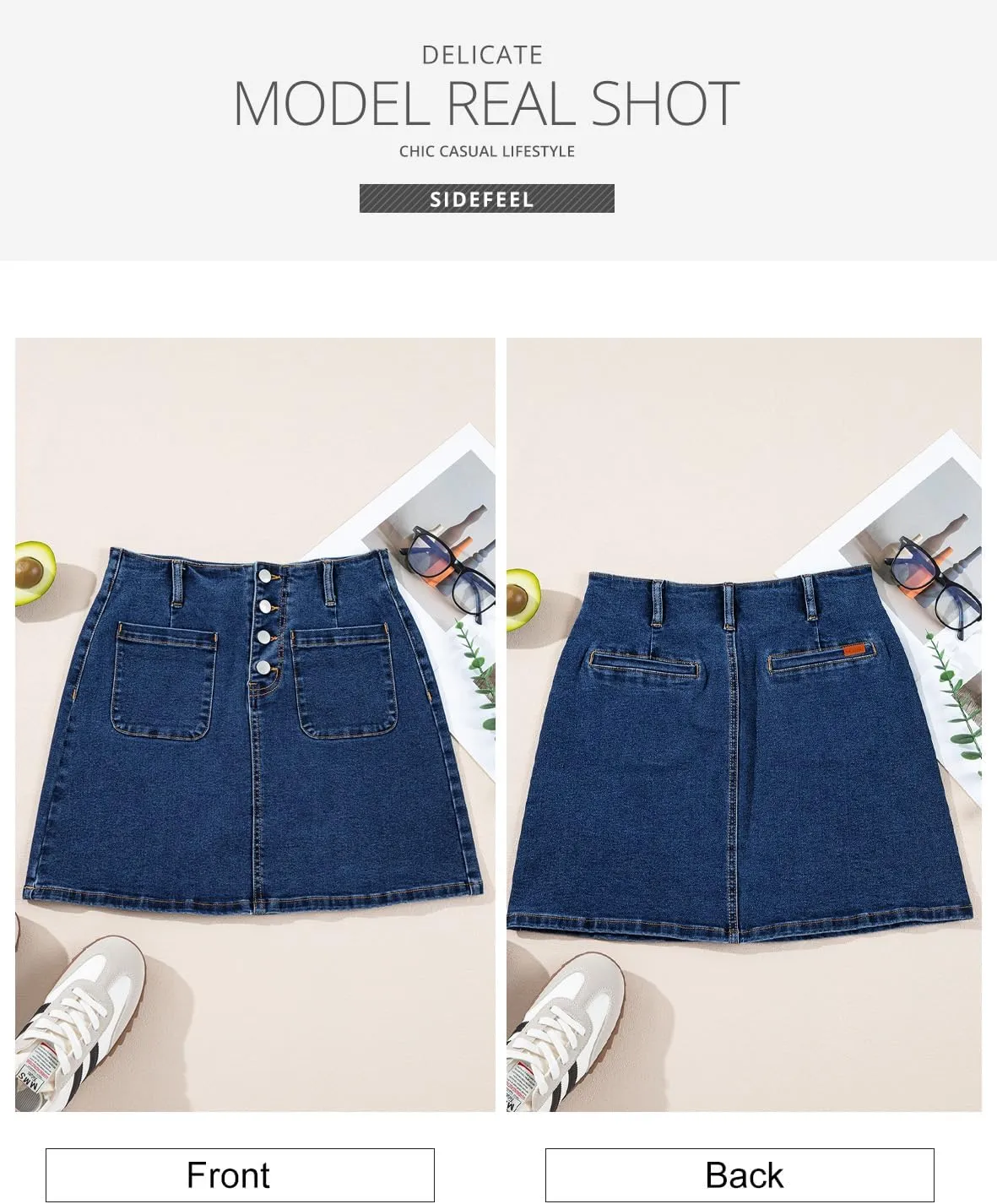 Sidefeel Women's Jean Skirt High Waist Summer Stretch Zimbaplatinum Denim Skirt Button Mini Skirt with Pockets
