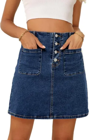 Sidefeel Women's Jean Skirt High Waist Summer Stretch Zimbaplatinum Denim Skirt Button Mini Skirt with Pockets