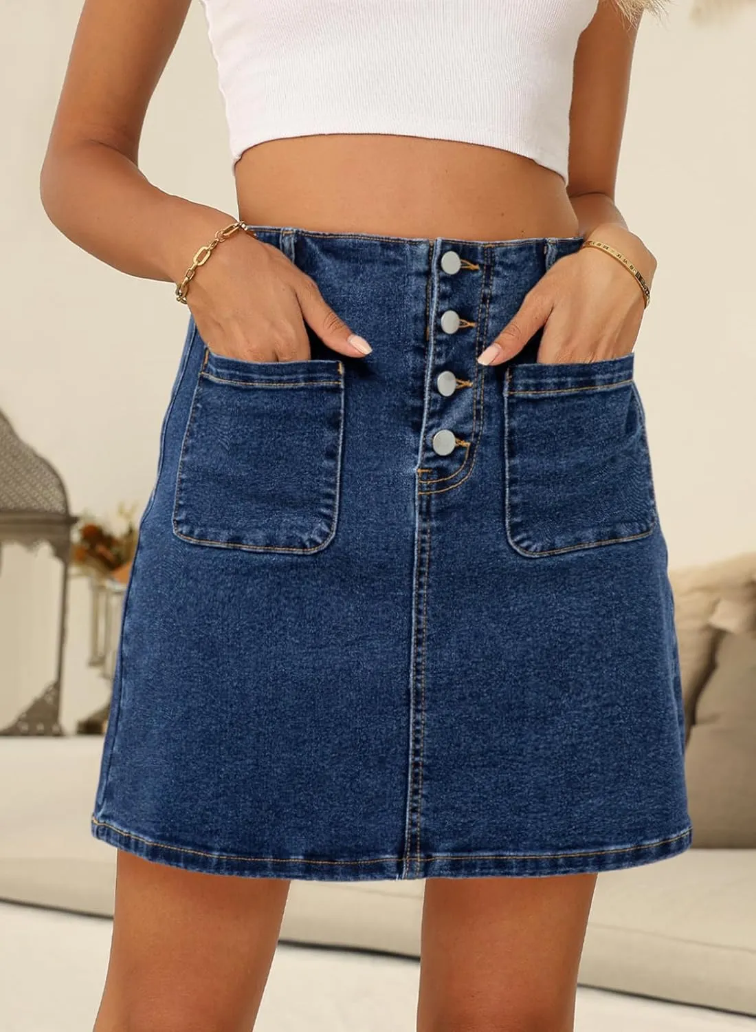 Sidefeel Women's Jean Skirt High Waist Summer Stretch Zimbaplatinum Denim Skirt Button Mini Skirt with Pockets