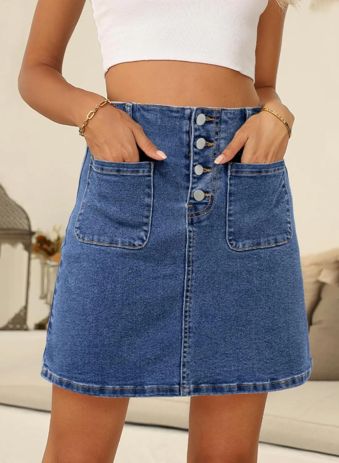 Sidefeel Women's Jean Skirt High Waist Summer Stretch Zimbaplatinum Denim Skirt Button Mini Skirt with Pockets