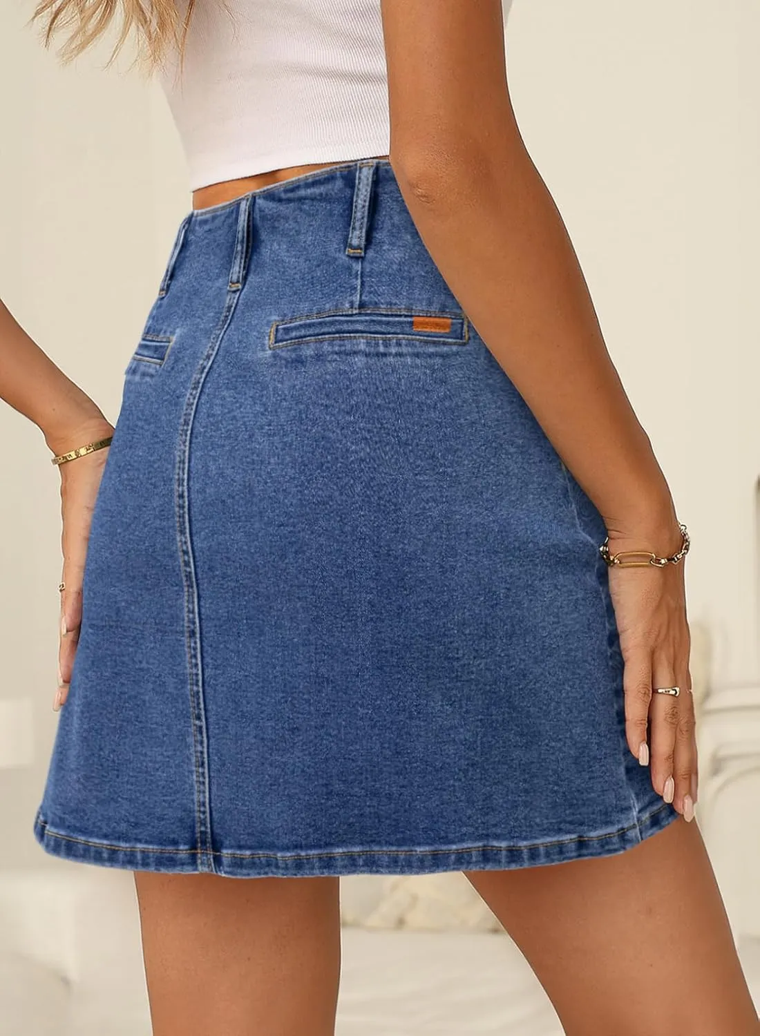 Sidefeel Women's Jean Skirt High Waist Summer Stretch Zimbaplatinum Denim Skirt Button Mini Skirt with Pockets