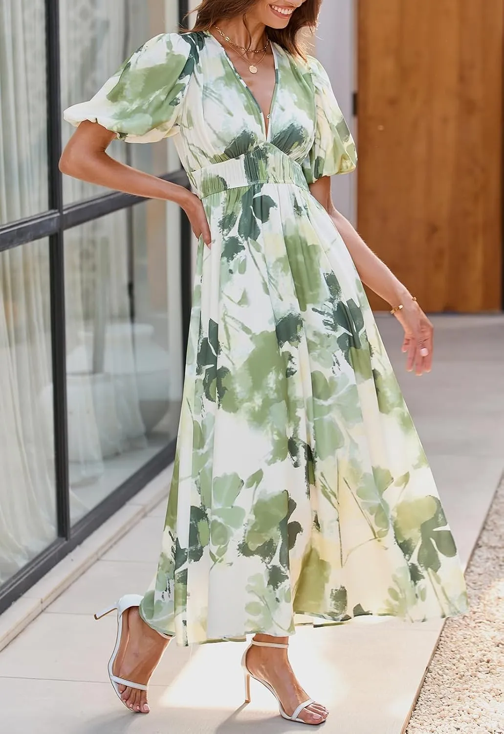 Sissyaki Women's Boho Floral Midi Dress Smocked Beach Flowy Dress
