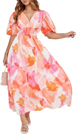 Sissyaki Women's Boho Floral Midi Dress Smocked Beach Flowy Dress