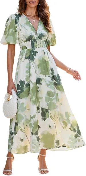 Sissyaki Women's Boho Floral Midi Dress Smocked Beach Flowy Dress