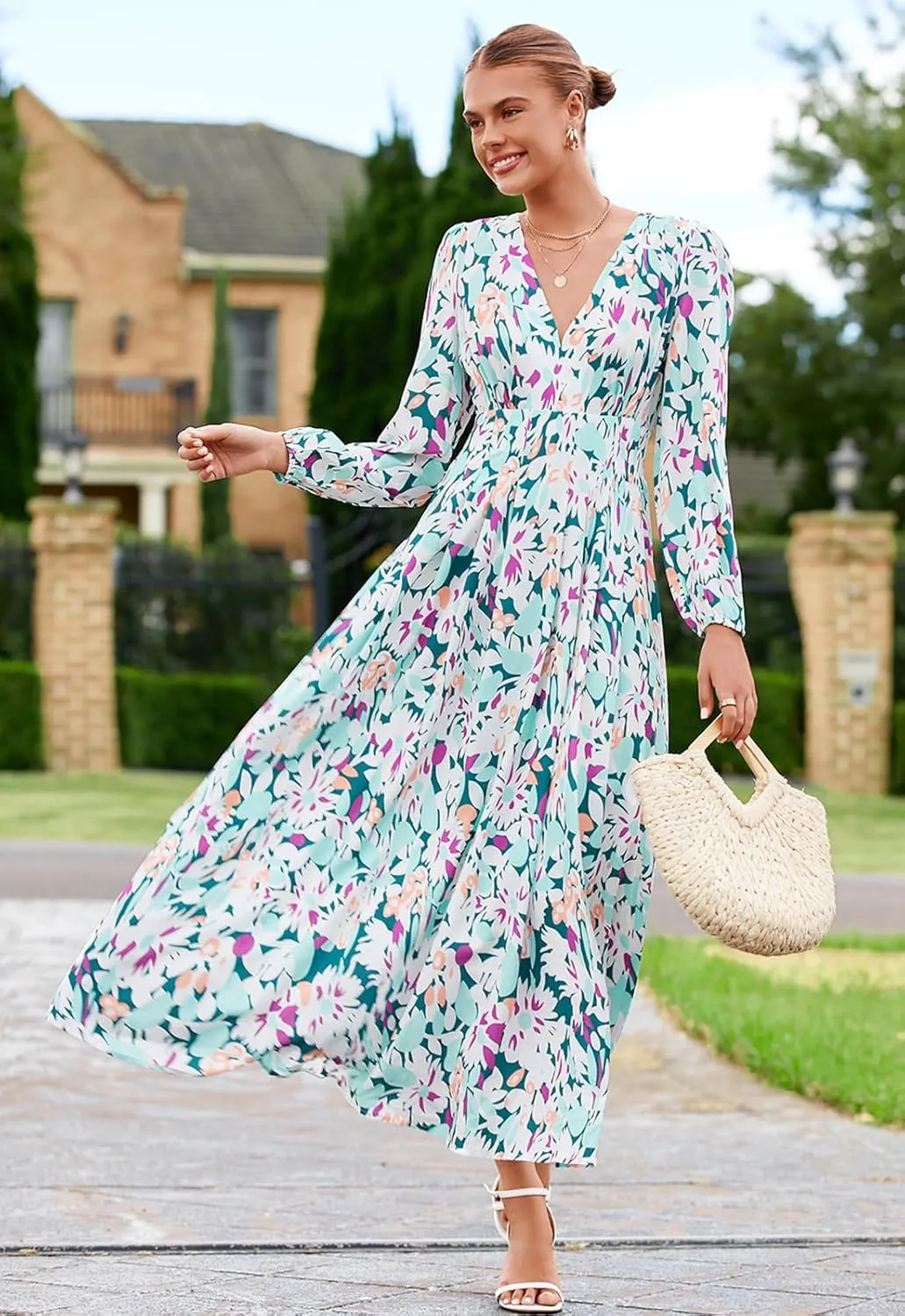 Sissyaki Women's Long Sleeve Boho Floral Maxi Dress Smocked Beach Flowy Dress