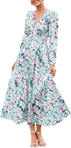 Sissyaki Women's Long Sleeve Boho Floral Maxi Dress Smocked Beach Flowy Dress